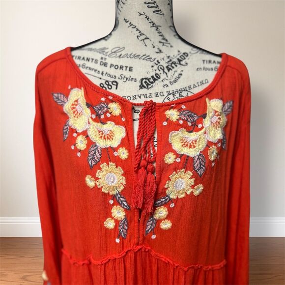 Free People M Red Embroidered Tiered Gauzy Mini Dress Floral Boho Peasant Flowy - Picture 4 of 7